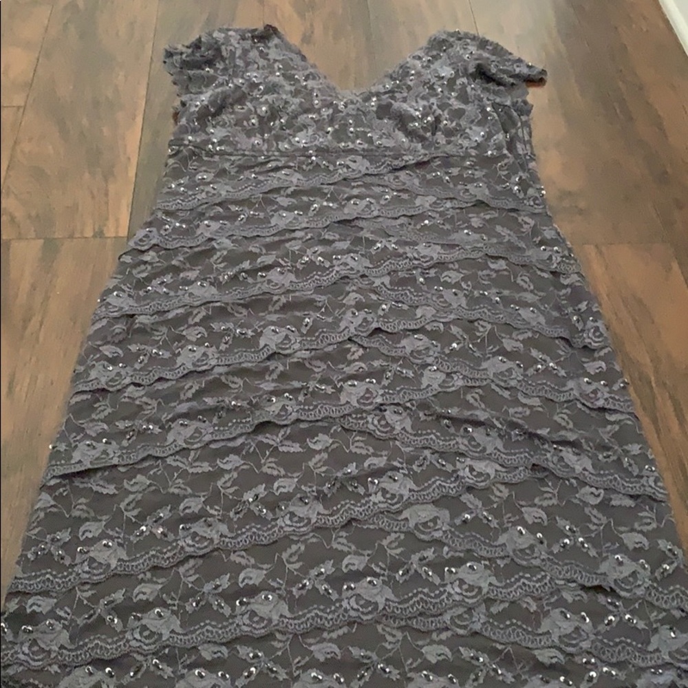 MARINA Charcoal Gray Lace Beaded Cocktail Dress